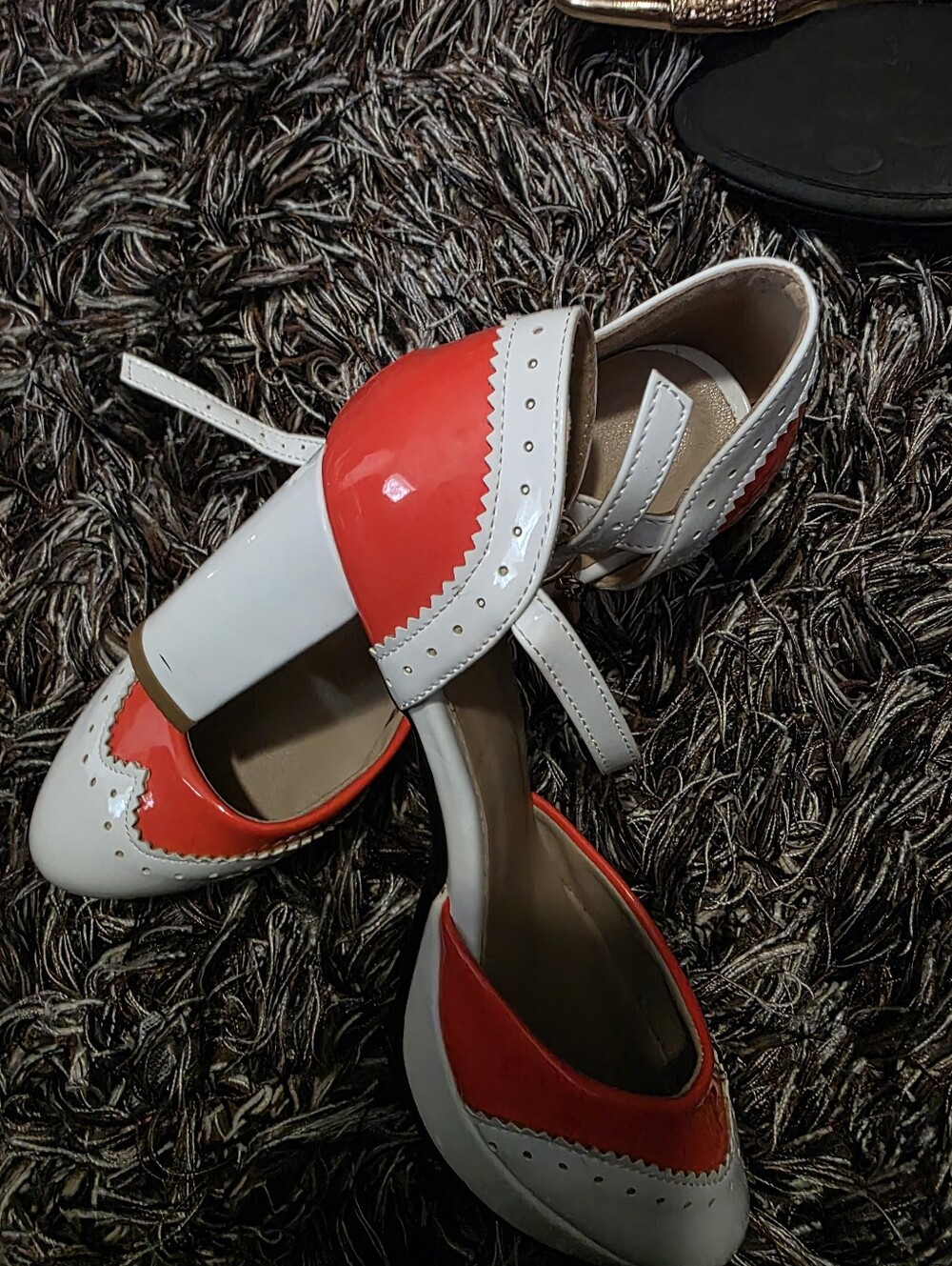 Patent Red and White Block Heel Mary Jane Pumps